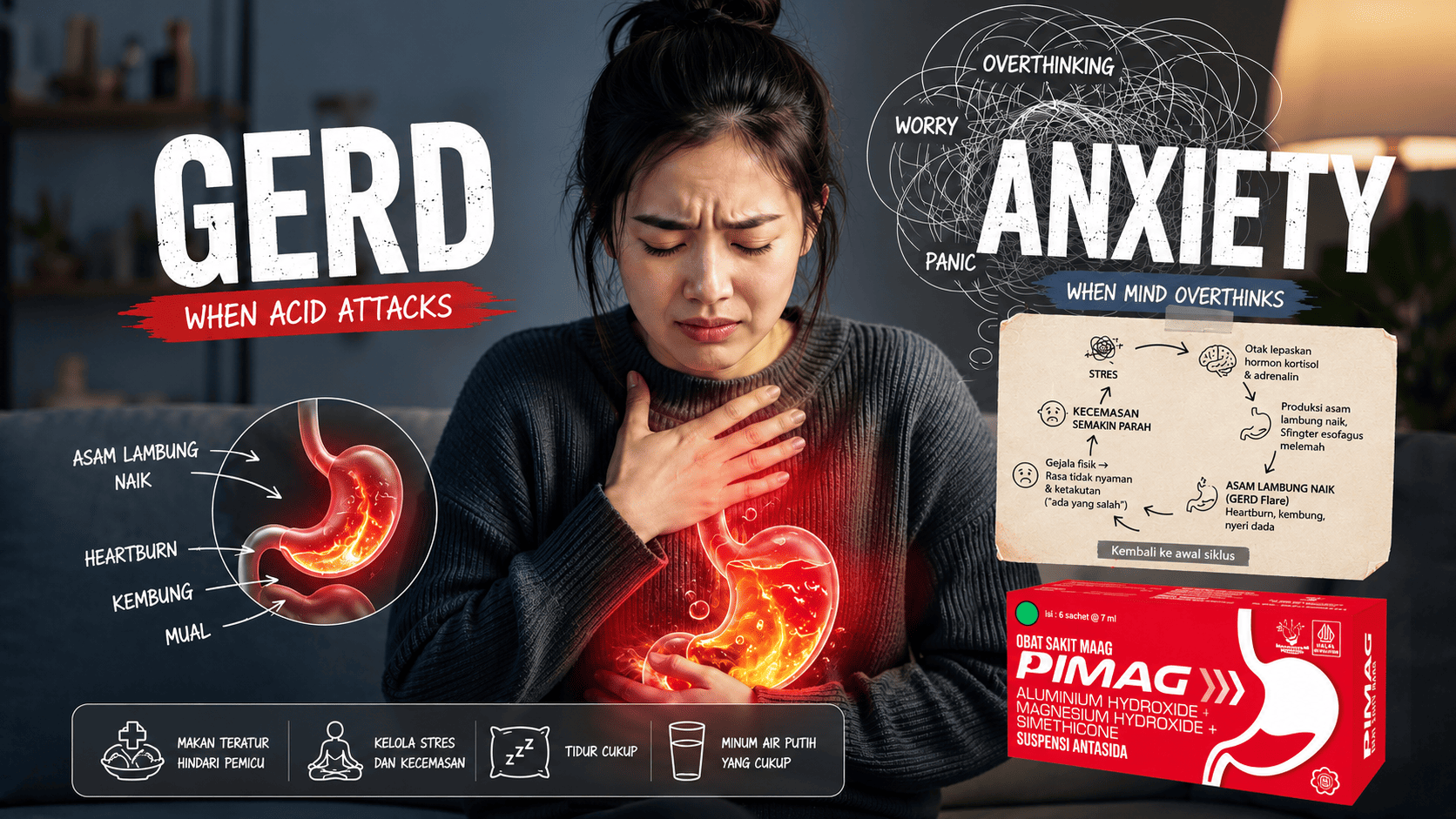 GERD Anxiety - Wanita sedang mengalami nyeri dada dan heartburn akibat asam lambung naik yang dipicu stres dan kecemasan, dengan produk Pimag di samping