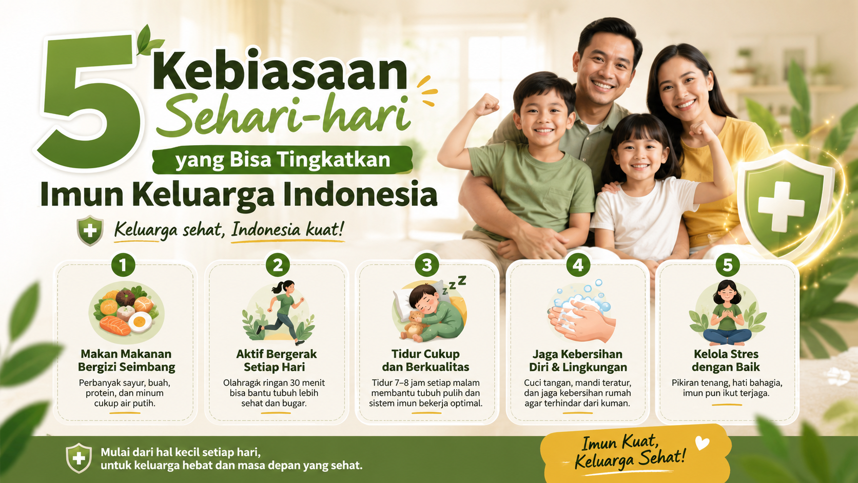 Keluarga Indonesia sedang melakukan aktivitas sehat pagi hari untuk meningkatkan imun tubuh, termasuk jemuran matahari dan minum air putih