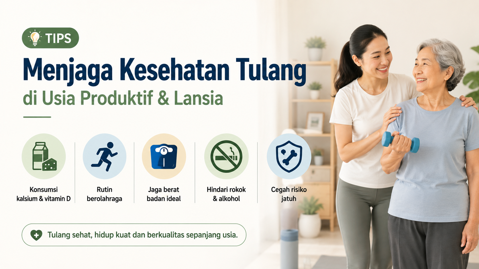 Ilustrasi menjaga kesehatan tulang di usia produktif dan lansia dengan olahraga, nutrisi kalsium, dan gaya hidup aktif