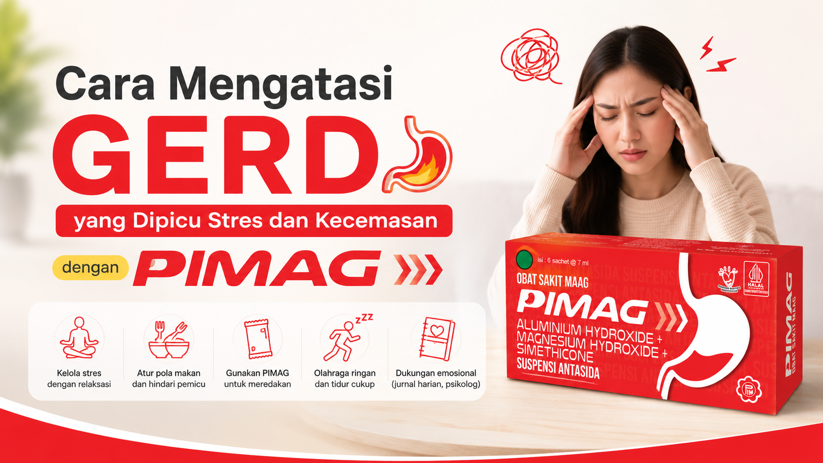 Ilustrasi 5 cara mengatasi GERD stres dengan PIMAG - antasida untuk meredakan asam lambung akibat stres dan kecemasan