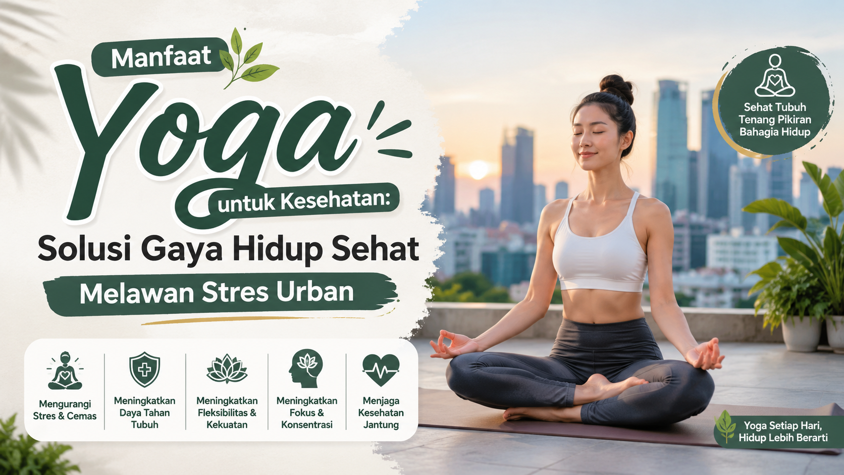 Wanita sedang melakukan yoga di matras untuk kesehatan fisik dan mental, mengatasi stres urban